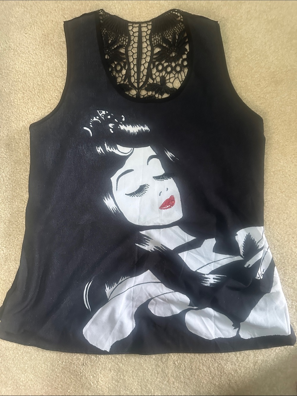 Disney Black Graphic Tank with Lace Back and Red Lip Accent